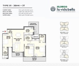 Floor Plan in 3 BHK Apartment at Eldeco La Vida Bella, Sector 12 Greater Noida – for Sale