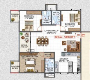 Floor Plan in 3 BHK Apartment at Whitefield – for Sale