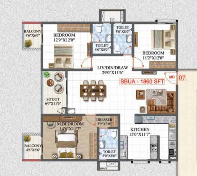Floor Plan, whitefield 3 Bedroom 1585 Sq.Ft. Apartment In Whitefield Bangalore 10716847