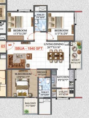 Floor Plan in 3 BHK Apartment at Whitefield – for Sale