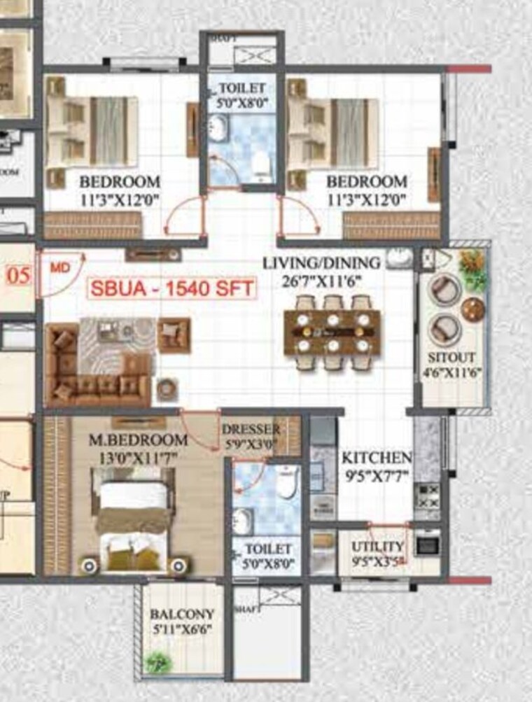 Floor Plan, whitefield 3 Bedroom 1585 Sq.Ft. Apartment In Whitefield Bangalore 10716847