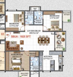 Floor Plan in 3 BHK Apartment at Whitefield – for Sale