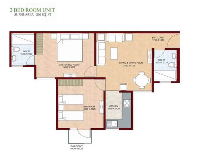 Floor Plan, shree-vardhman-mantra 2 Bedroom 800 Sq.Ft. Apartment In Sector 67 Gurgaon 10717617