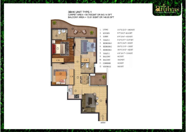 Floor Plan, rof-atulyas 3 Bedroom 643 Sq.Ft. Apartment In Sector 93 Gurgaon 10723287