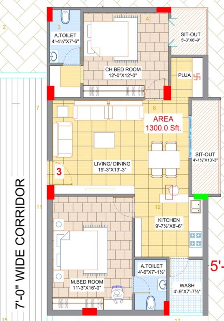 Floor Plan, saroor nagar 2 Bedroom 1300 Sq.Ft. Apartment In Saroor Nagar Hyderabad 10726560