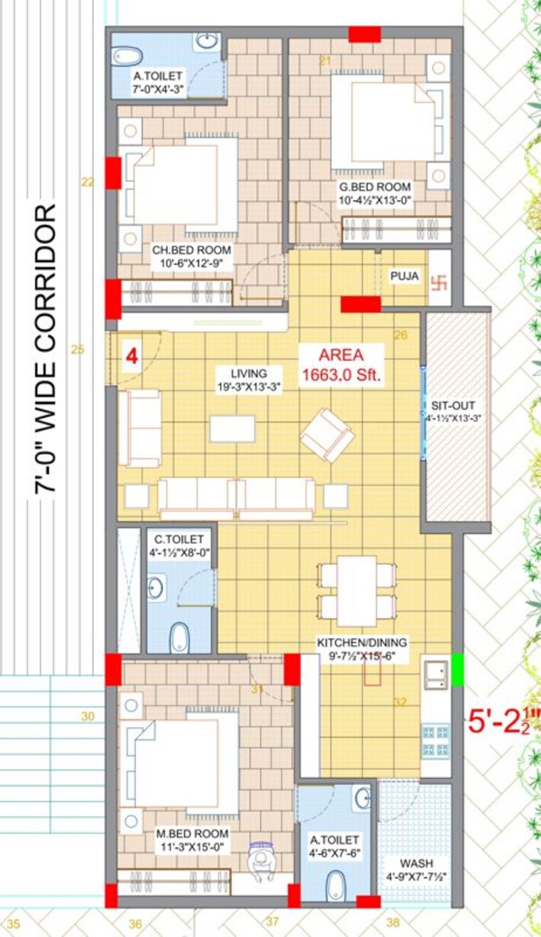 Floor Plan, kundan nagar colony 3 Bedroom 1653 Sq.Ft. Apartment In Kundan Nagar Colony Hyderabad 10726578