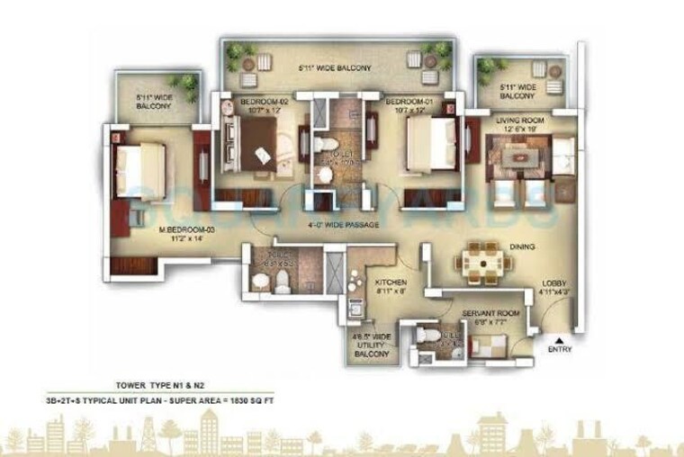 Floor Plan, paras-irene 3 Bedroom 1830 Sq.Ft. Apartment In Sector 70a Gurgaon 10726785