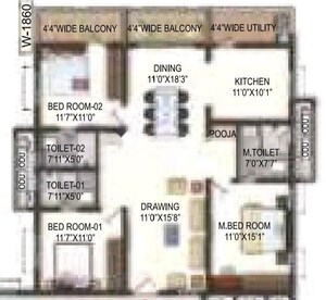 Floor Plan in 3 BHK Apartment at Lansum El Dorado, Narsingi – for Sale