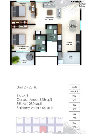 Floor Plan in 2 BHK Apartment at SBR Gokulam, Whitefield – for Sale
