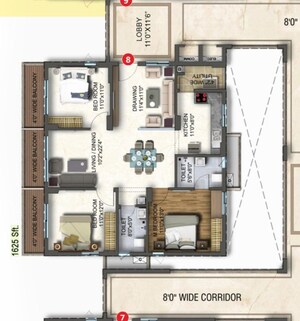 Floor Plan in 3 BHK Apartment at Riddhi Saphire, Narsingi – for Rent
