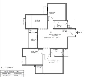 Floor Plan in 3 BHK Apartment at Provident Botanico, Whitefield – for Sale