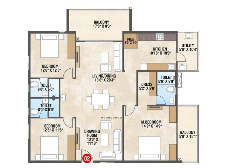 Floor Plan, canny-aravindam 2 Bedroom 1250 Sq.Ft. Apartment In Bowrampet Hyderabad 10741532