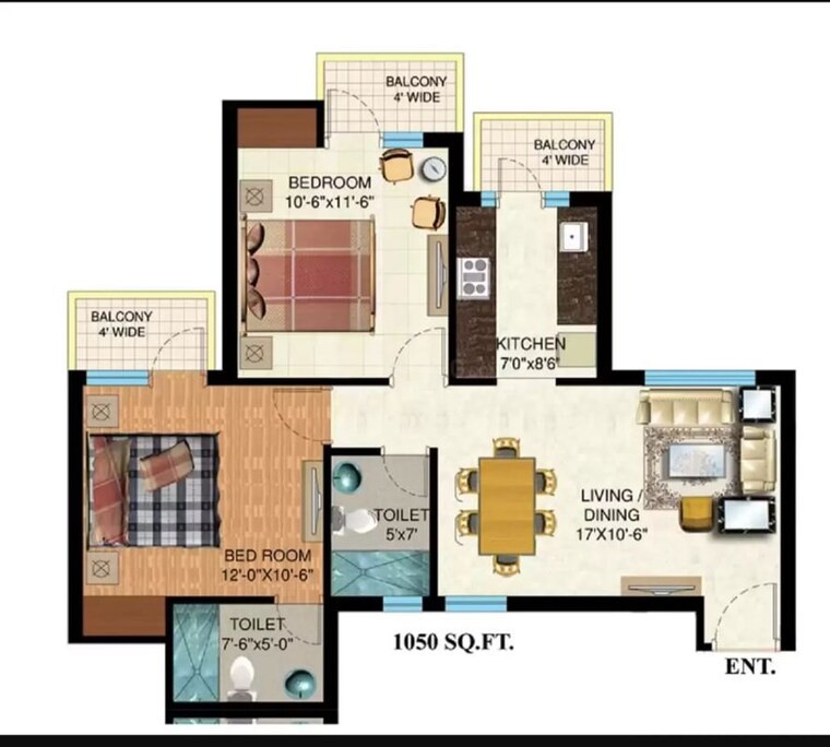 Floor Plan, mapsko-paradise 2 Bedroom 1050 Sq.Ft. Apartment In Sector 83 Gurgaon 10744346