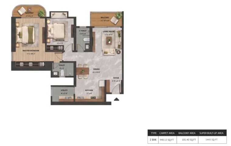 Floor Plan, konadasapura 2 Bedroom 1440 Sq.Ft. Apartment In Konadasapura Bangalore 10736444