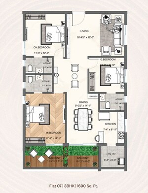 Floor Plan in 3 BHK Apartment at Sunshine Terra, Puppalaguda – for Sale