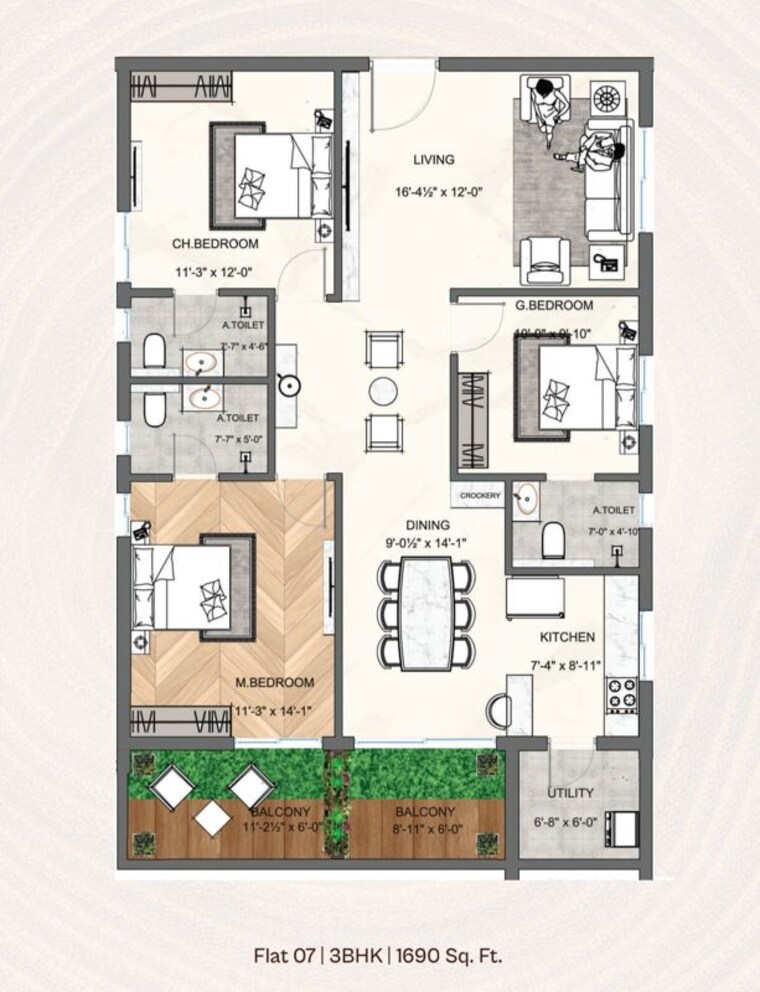 Floor Plan, sunshine-terra 3 Bedroom 1690 Sq.Ft. Apartment In Puppalaguda Hyderabad 10747132