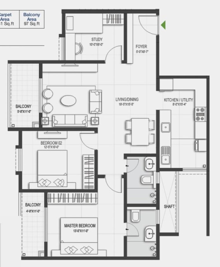 Floor Plan, sumadhura-belfort 2 Bedroom 1261 Sq.Ft. Apartment In Soukya Road Bangalore 10747243