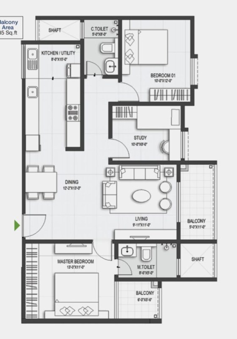 Floor Plan, sumadhura-belfort 2 Bedroom 1261 Sq.Ft. Apartment In Soukya Road Bangalore 10747243