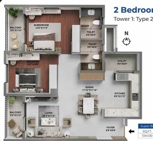 Floor Plan in 2 BHK Apartment at Adarsh Lakefront Phase 2, Marathahalli Orr – for Sale