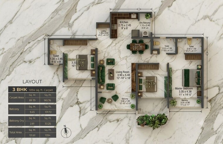 Floor Plan, arko-star-vista 3 Bedroom 964 Sq.Ft. Apartment In Ravet Pune 10751713