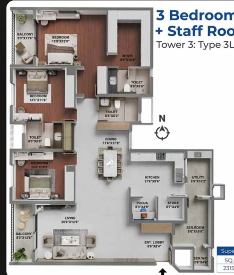 Floor Plan, adarsh-lakefront-phase-2 3 Bedroom 1915 Sq.Ft. Apartment In Marathahalli Orr Bangalore 10750850