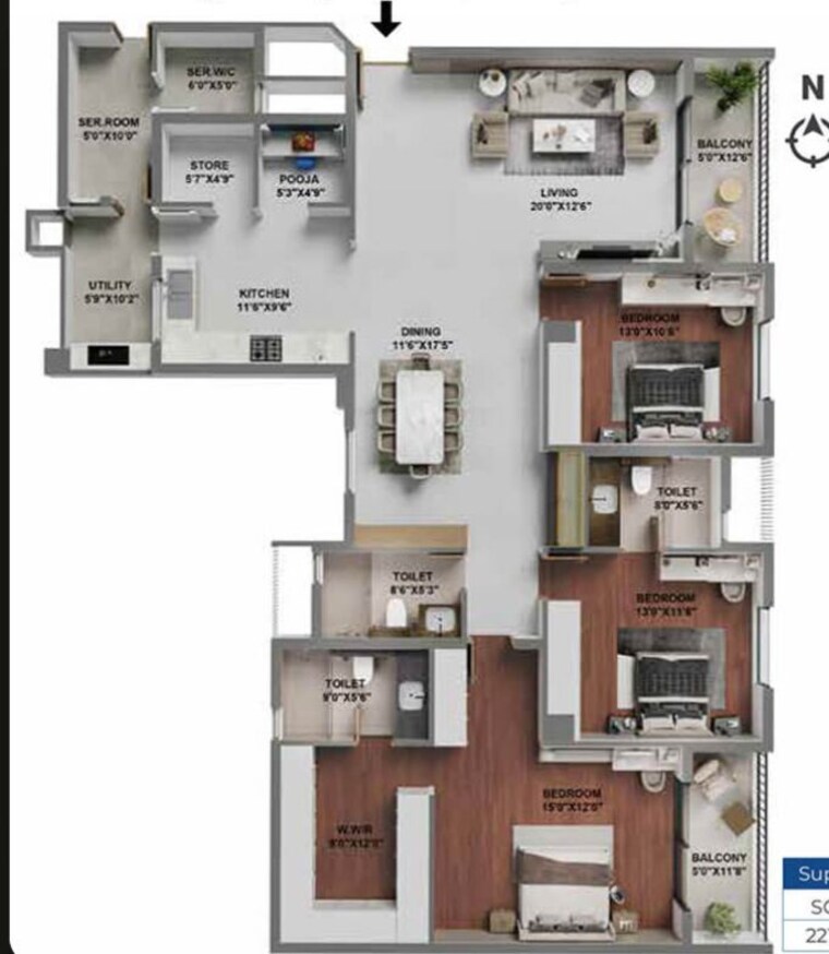 Floor Plan, adarsh-lakefront-phase-2 3 Bedroom 1915 Sq.Ft. Apartment In Marathahalli Orr Bangalore 10750850