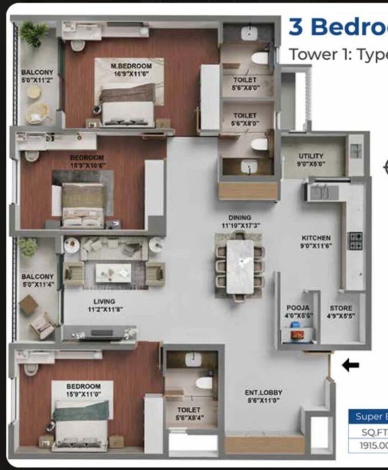 Floor Plan, adarsh-lakefront-phase-2 3 Bedroom 1915 Sq.Ft. Apartment In Marathahalli Orr Bangalore 10750850