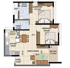 Floor Plan in 2 BHK Apartment at TVS Emerald Jardin, Singasandra – for Sale