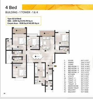 Floor Plan in 4 BHK Apartment at Meridian Park At The Prestige City, Sarjapur Road – for Rent