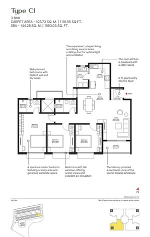 Floor Plan in 3 BHK Apartment at Sobha Ayana, Panathur – for Sale