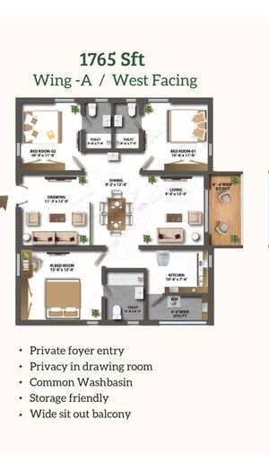 Floor Plan in 3 BHK Apartment at Maharaja Kosmopolis, Kollur – for Sale