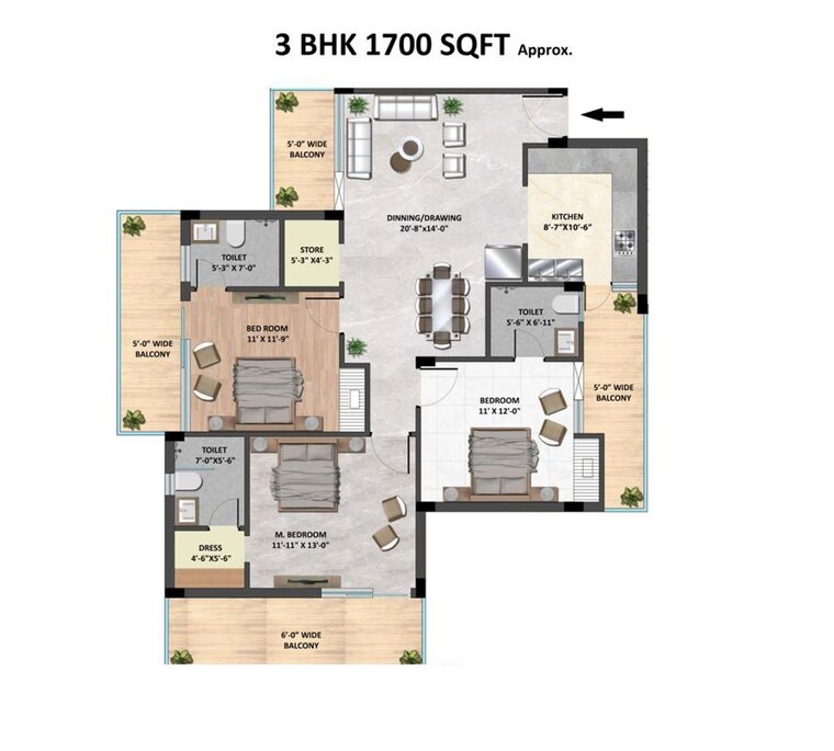 Floor Plan, skyline-elevate 3 Bedroom 1138 Sq.Ft. Apartment In Ramgarh Bhudda Zirakpur 10769100