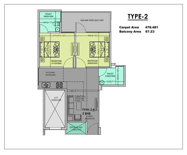 Floor Plan, mvn-the-athens 2 Bedroom 481 Sq.Ft. Apartment In Sohna Sector 5 Gurgaon 10770700