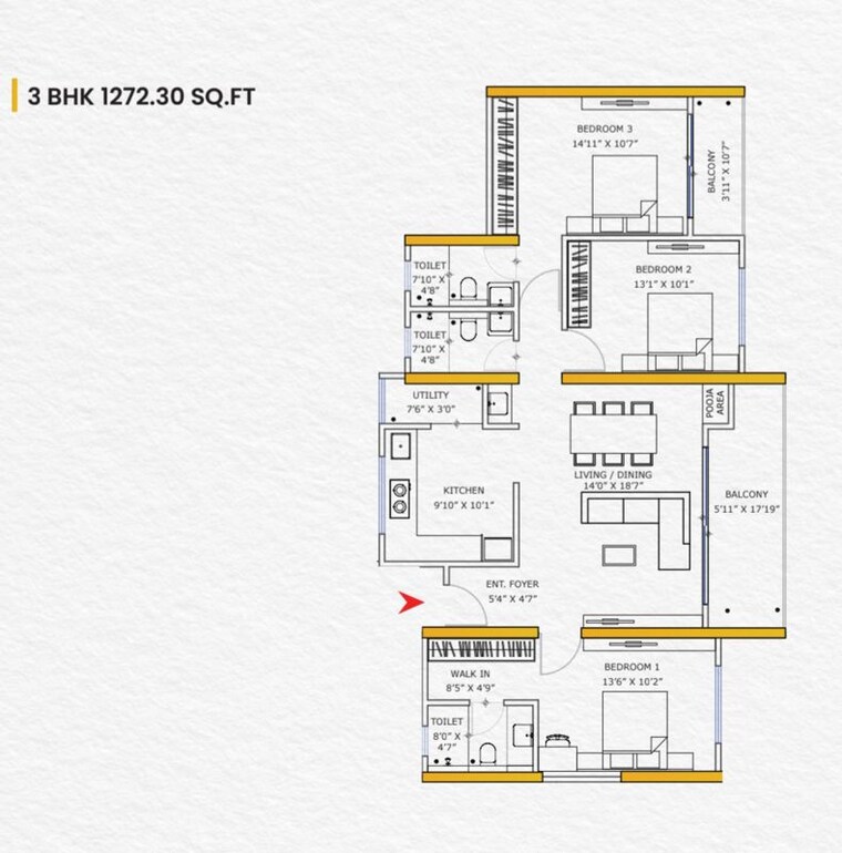 Floor Plan, vishnu-crown 3 Bedroom 1325 Sq.Ft. Apartment In Chinchwad Pune 10776763