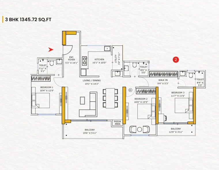 Floor Plan, vishnu-crown 3 Bedroom 1325 Sq.Ft. Apartment In Chinchwad Pune 10776763