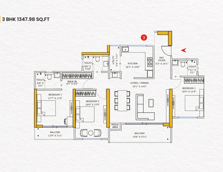 Floor Plan, vishnu-crown 3 Bedroom 1325 Sq.Ft. Apartment In Chinchwad Pune 10776763