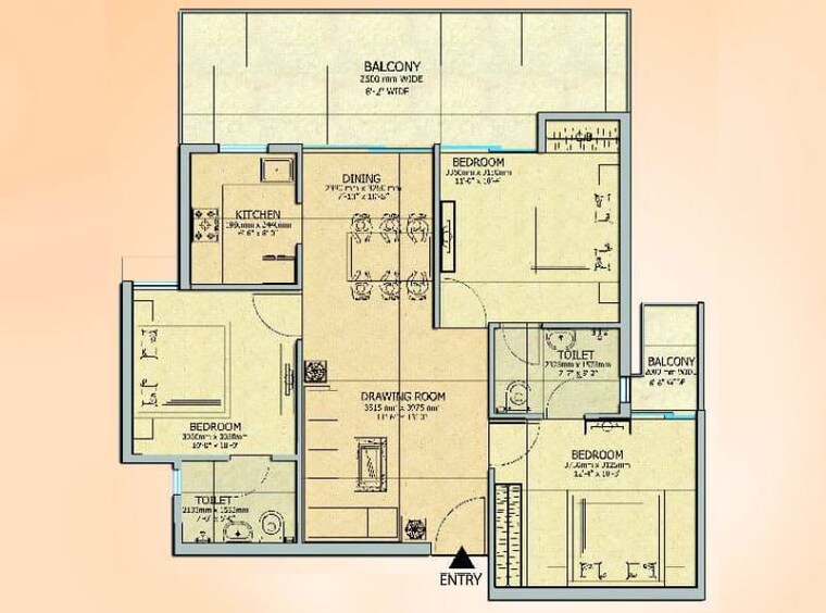 Floor Plan, gaur-city-2-14th-avenue 3 Bedroom 1300 Sq.Ft. Apartment In Sector 16c Greater Noida Greater Noida 10779549