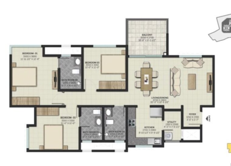 Floor Plan, sobha-lake-garden 3 Bedroom 1629 Sq.Ft. Apartment In Kr Puram Bangalore 10784584