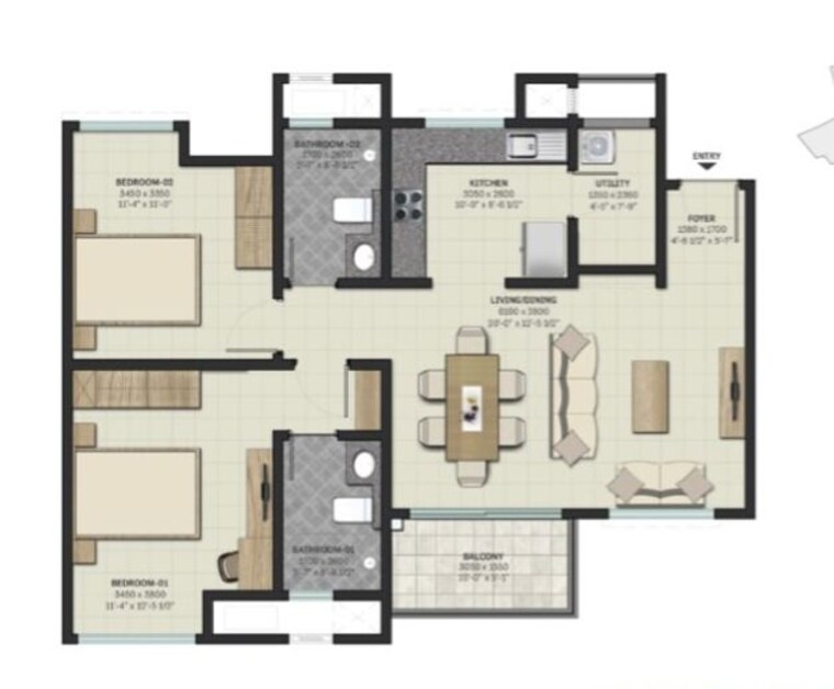Floor Plan, sobha-lake-garden 3 Bedroom 1629 Sq.Ft. Apartment In Kr Puram Bangalore 10784584