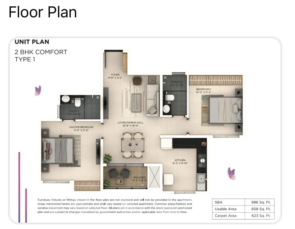 Floor Plan in 2 BHK Apartment at Provident Botanico, Whitefield – for Sale