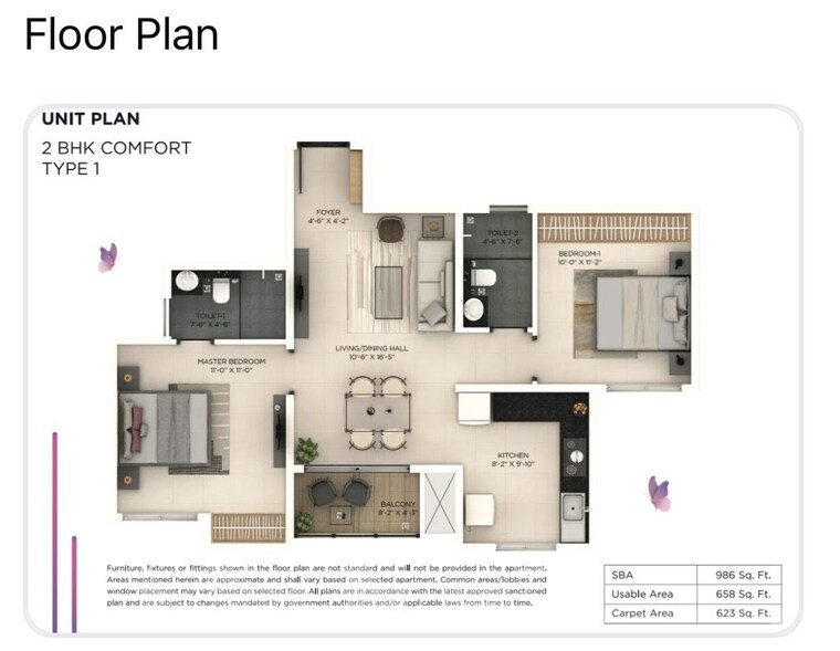 Floor Plan, provident-botanico 2 Bedroom 986 Sq.Ft. Apartment In Whitefield Bangalore 10785482