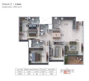 Floor Plan in 3 BHK Apartment at Vertex Dream Velmore, Balewadi – for Sale