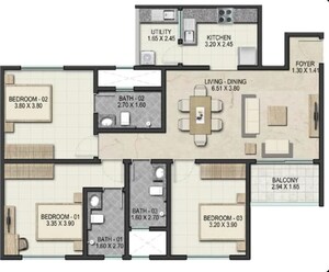 Floor Plan in 3 BHK Apartment at Sobha Royal Pavilion, Sarjapur Road – for Sale