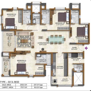 Floor Plan in 3 BHK Apartment at Prestige Waterford, Whitefield – for Sale