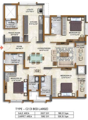 Floor Plan in 3 BHK Apartment at Prestige Waterford, Whitefield – for Sale