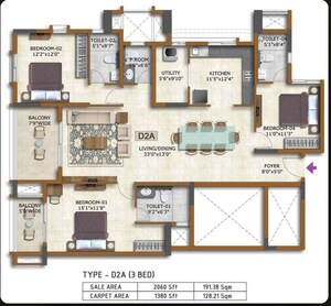 Floor Plan in 3 BHK Apartment at Prestige Waterford, Whitefield – for Sale