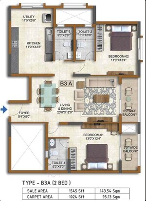Floor Plan in 3 BHK Apartment at Prestige Waterford, Whitefield – for Sale