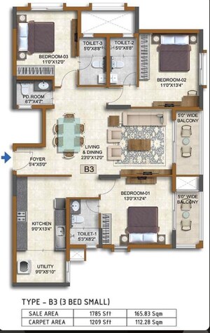 Floor Plan in 3 BHK Apartment at Prestige Waterford, Whitefield – for Sale
