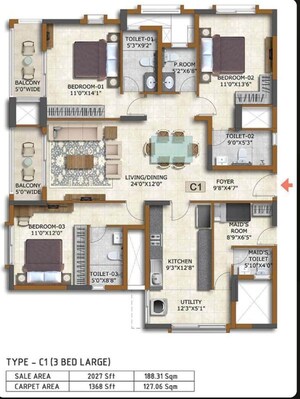 Floor Plan in 3 BHK Apartment at Prestige Waterford, Whitefield – for Sale