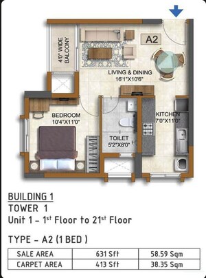 Floor Plan in 3 BHK Apartment at Prestige Waterford, Whitefield – for Sale